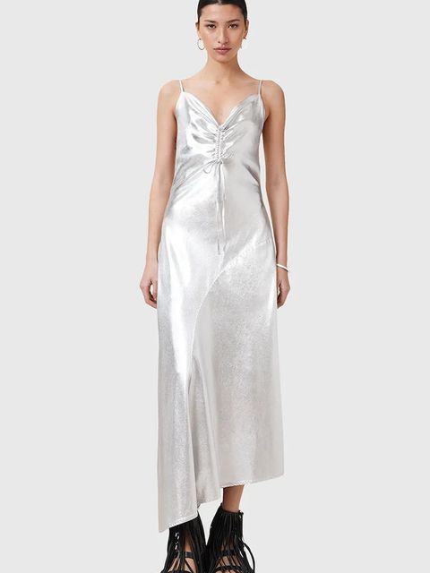 AllSaints sukienka ALEXIA kolor srebrny midi prosta W203DC