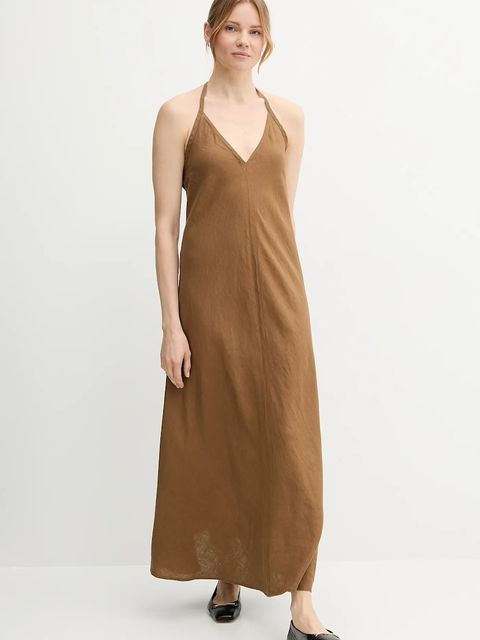 United Colors of Benetton sukienka lniana kolor brązowy maxi rozkloszowana 4AGHDV0BF - zdjęcie produktu nr 2