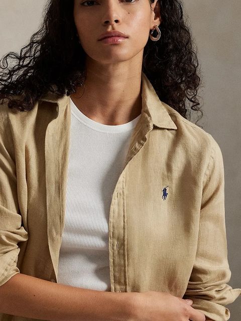 Polo Ralph Lauren koszula lniana kolor beżowy relaxed z kołnierzykiem klasycznym 211970730