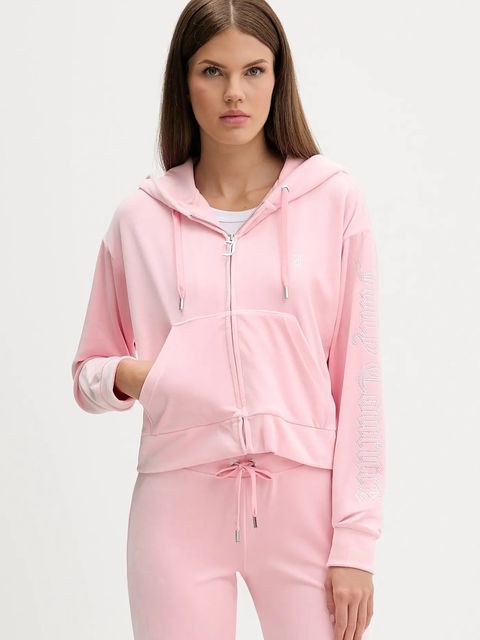Juicy Couture bluza welurowa damska kolor różowy z kapturem gładka JCWAS225310 - zdjęcie produktu nr 1
