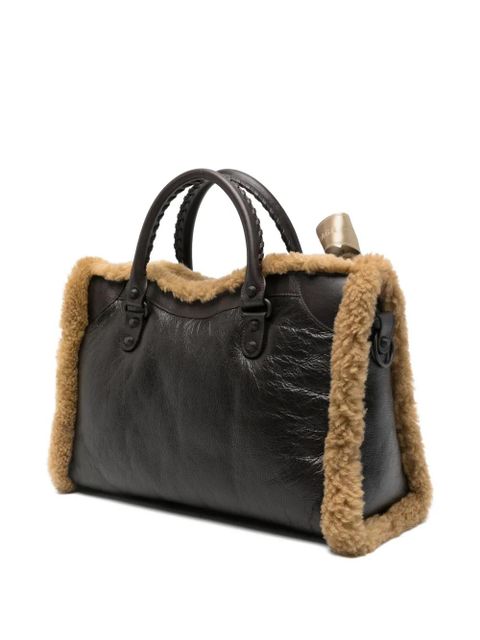 Balenciaga medium Le City shearling-trimmed tote bag - Brown