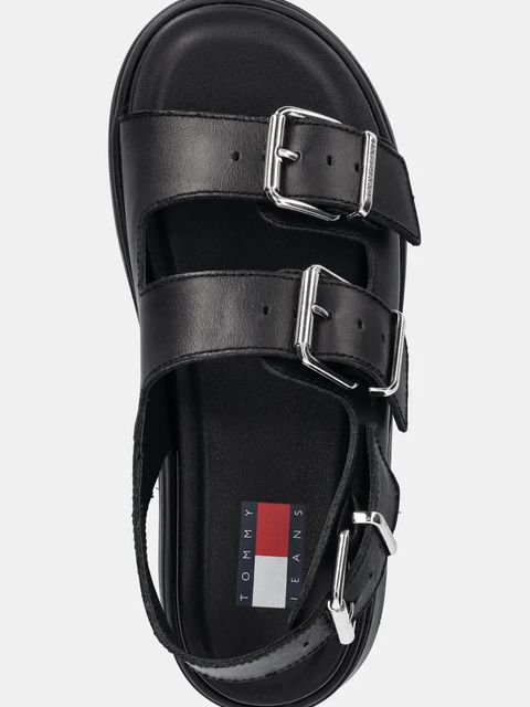 Tommy Jeans sandały skórzane WEDGE SANDAL damskie kolor czarny na platformie EN0EN02774