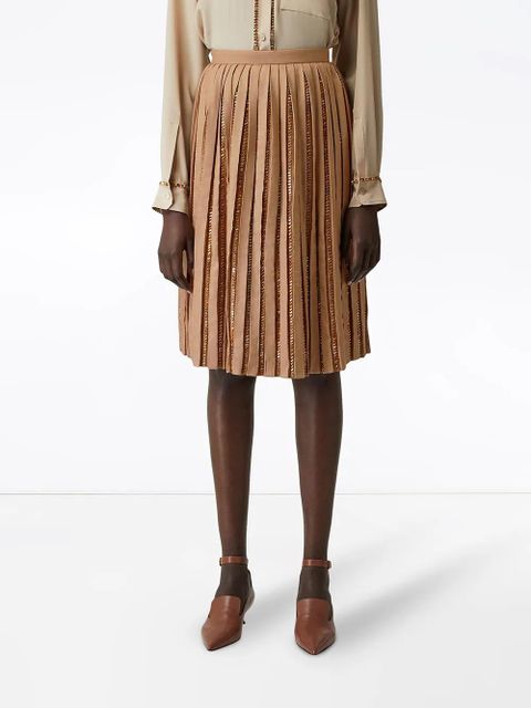 Burberry Crystal Detail Plissé Soleil Wool Silk Blend Skirt - Neutrals