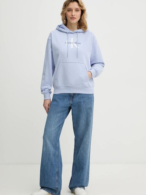 Calvin Klein Jeans bluza damska kolor niebieski z kapturem gładka LV047E221G - zdjęcie produktu nr 2