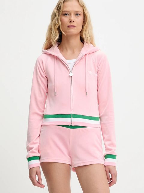 Juicy Couture bluza VELOUR CROPPED STRIPE HOODIE damska kolor różowy z kapturem z aplikacją JCWAS225351 - zdjęcie produktu nr 1