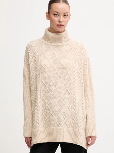 Barbour sweter z dodatkiem wełny damski kolor beżowy z golfem LKN1261 - zdjęcie produktu nr 1