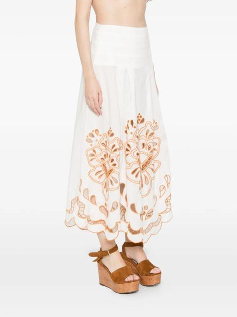 FARM Rio Trop floral-embroidery midi skirt - White