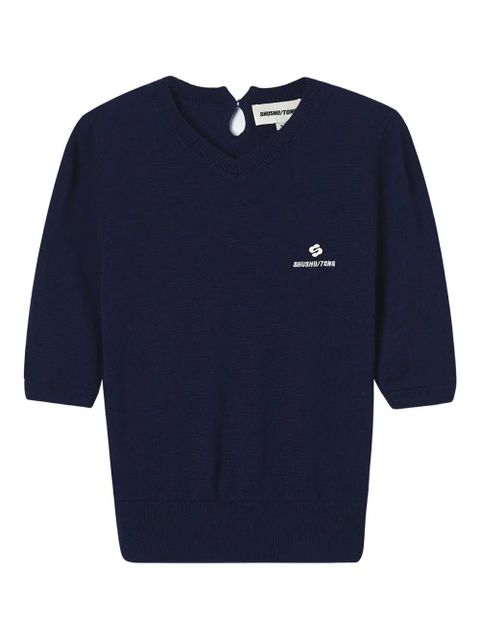 SHUSHU/TONG puff-sleeve logo-print top - Blue - zdjęcie produktu nr 1