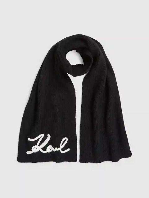 Karl Lagerfeld szalik z domieszką wełny K/SIGNATURE damski kolor czarny z aplikacją A4W33028 - zdjęcie produktu nr 1
