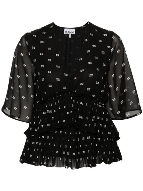 GANNI graphic-print V-neck pleated blouse - Black