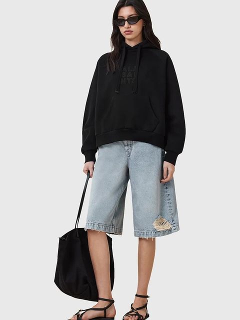 AllSaints bluza STACKS damska kolor czarny z kapturem z aplikacją W131JC