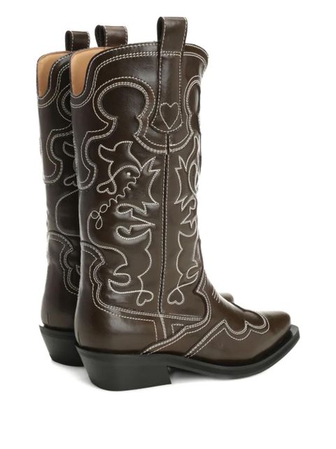 GANNI leather embroidered boots - Brown