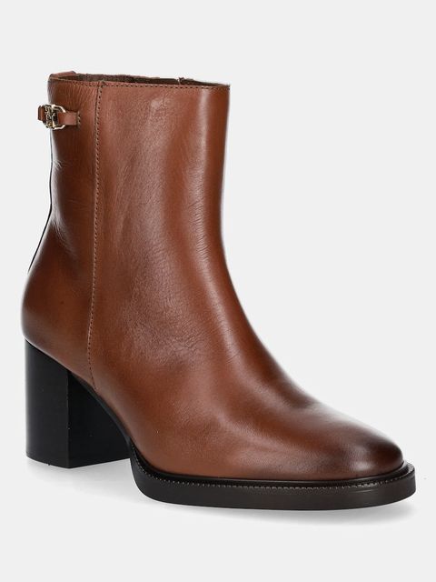 Tommy Hilfiger botki skórzane STACKED HEEL LEATHER ANKLE BOOT damskie kolor brązowy na słupku FW0FW08864 - zdjęcie produktu nr 1