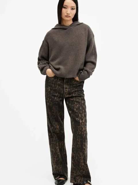 AllSaints bluza wełniana INES kolor brązowy z kapturem gładka W074KB