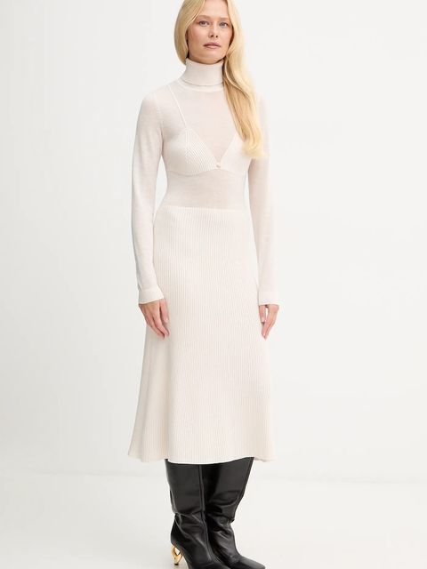 Elisabetta Franchi sukienka z dodatkiem wełny kolor beżowy midi rozkloszowana AM30S57E2