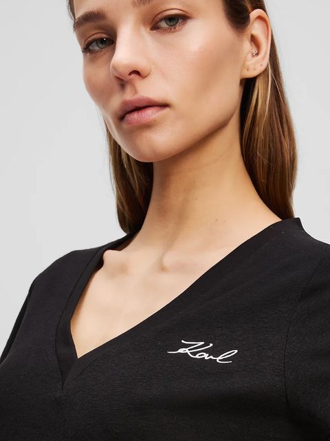 Karl Lagerfeld t-shirt lniany damski kolor czarny A3W17070