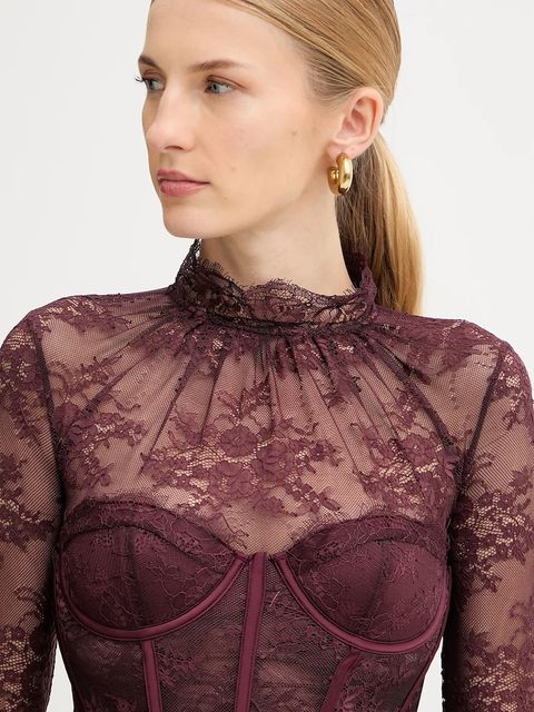 Retrofete body Valentina damskie kolor bordowy z aplikacją FW24-10322