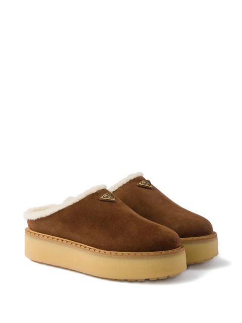 Prada shearling-lined suede mules - Brown - zdjęcie produktu nr 2