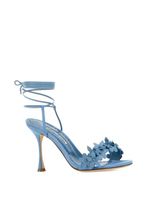Manolo Blahnik 90mm flower-embellished lace-up heeled sandals - Blue
