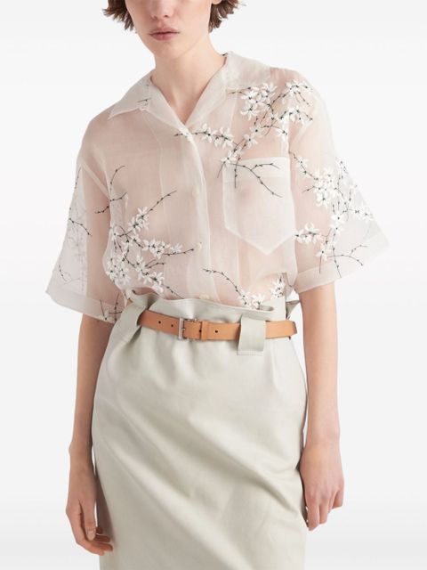 Prada floral-embroidered sheer silk shirt - White
