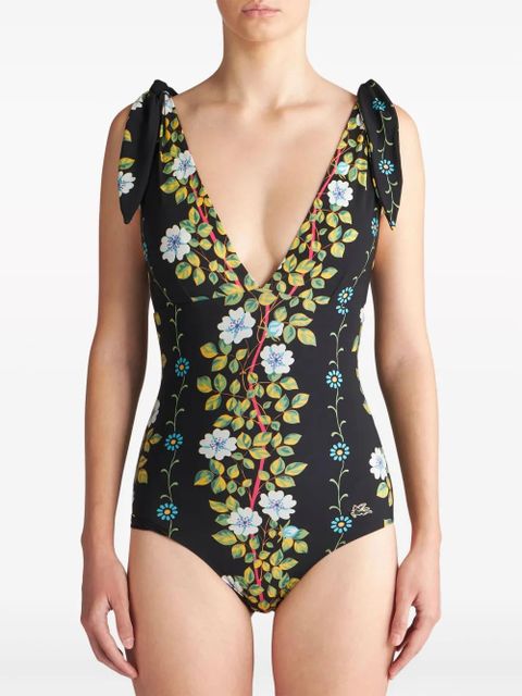 ETRO floral-print V-neck swimsuit - Black