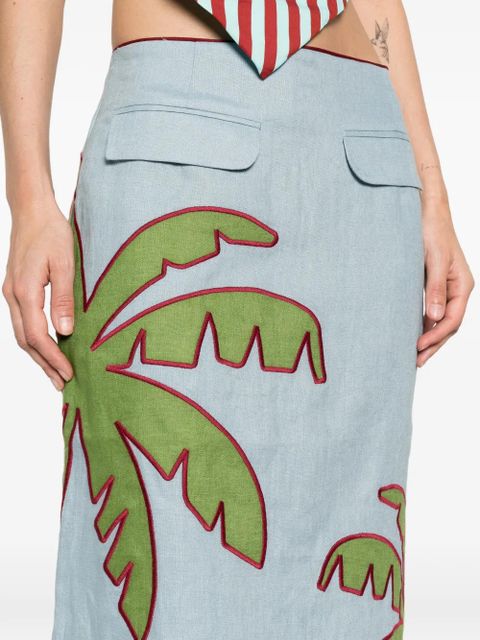 FARM Rio embroidered palm-tree midi skirt - Blue