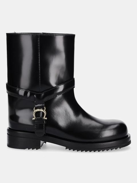 Pollini botki skórzane damskie kolor czarny na płaskim obcasie PA21084G0NPC0000