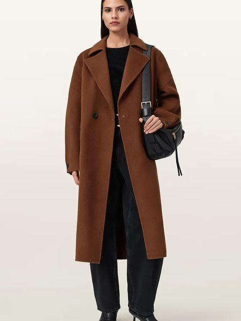 AllSaints płaszcz z dodatkiem wełny SELLMA kolor brązowy W019OD