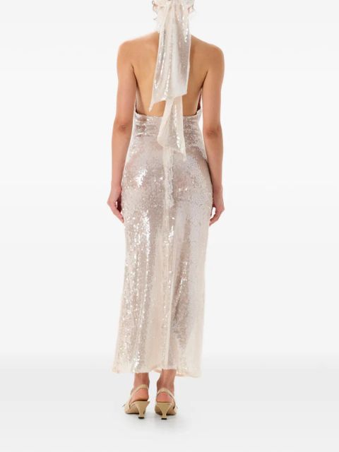 MANURÍ Pixie sequin-embellished halterneck maxi dress - Neutrals