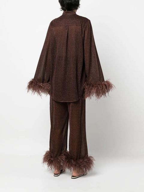 Oséree feather-trim detail blouse - Brown