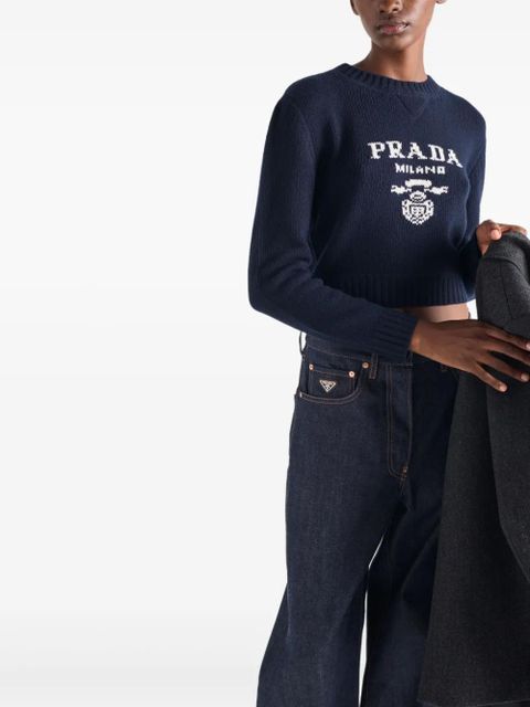 Prada intarsia-logo ribbed-knit sweater - Blue
