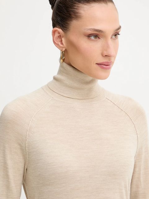 BOSS sweter wełniany damski kolor beżowy lekki z golfem 50548298