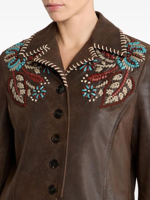ETRO paisley-embroidered leather jacket - Brown