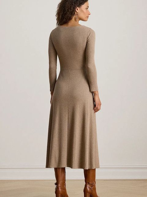 Lauren Ralph Lauren sukienka kolor beżowy midi rozkloszowana 200980038 - zdjęcie produktu nr 2