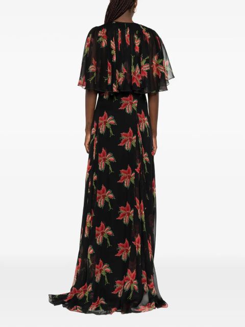 Valentino Garavani floral-print cape-sleeve dress - Black