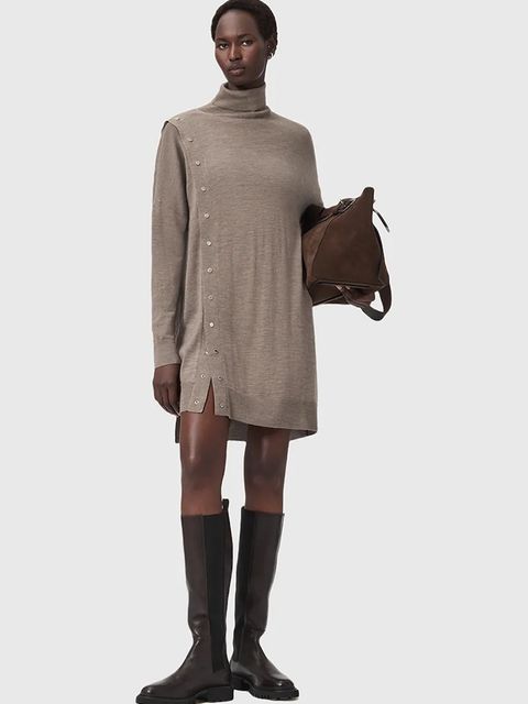 AllSaints sukienka wełniana UMI kolor beżowy mini dopasowana W071DD