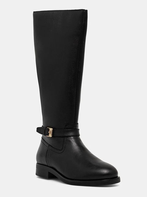 Tommy Hilfiger kozaki skórzane TH BUCKLE RIDING LTHR LONG BOOT damskie kolor czarny na płaskim obcasie FW0FW08873