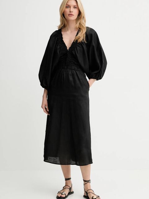 Answear.LAB sukienka lniana kolor czarny midi rozkloszowana - zdjęcie produktu nr 1