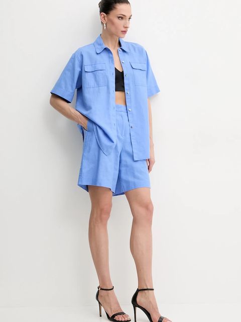 Karl Lagerfeld koszula lniana damska kolor niebieski relaxed z kołnierzykiem klasycznym A2W11012