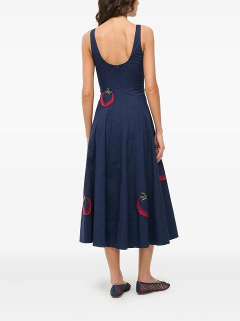 STAUD Wells tomato-embroidered midi dress - Blue
