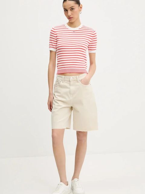 Tommy Jeans szorty jeansowe damskie kolor beżowy gładkie high waist DW0DW21646 - zdjęcie produktu nr 2