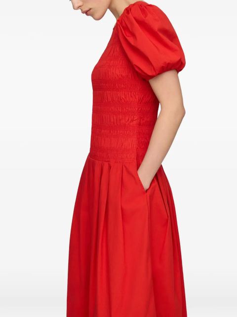 GANNI smocked puff-sleeve dress - Red