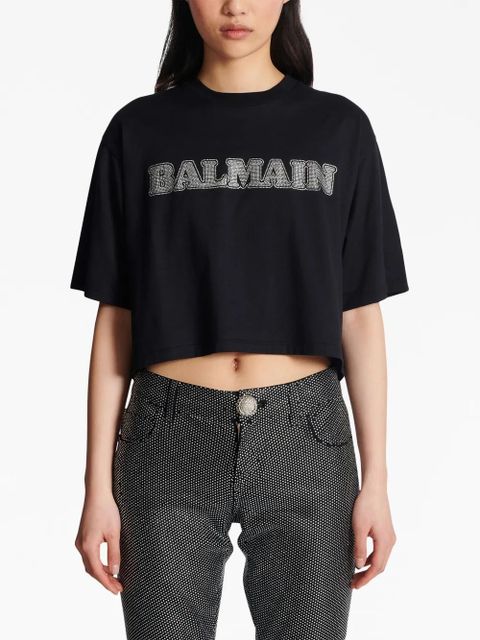 Balmain rhinestone-logo cropped cotton T-shirt - Black