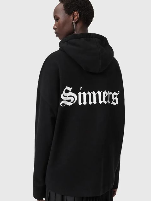 AllSaints bluza bawełniana SAINT damska kolor czarny z kapturem z nadrukiem W140JD