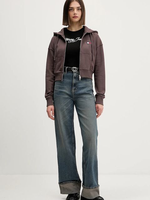 Tommy Jeans bluza bawełniana damska kolor brązowy z kapturem melanżowa DW0DW21976 - zdjęcie produktu nr 2