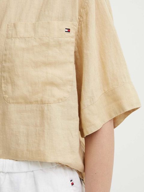 Tommy Hilfiger koszula lniana kolor beżowy relaxed z kołnierzykiem klasycznym WW0WW41392