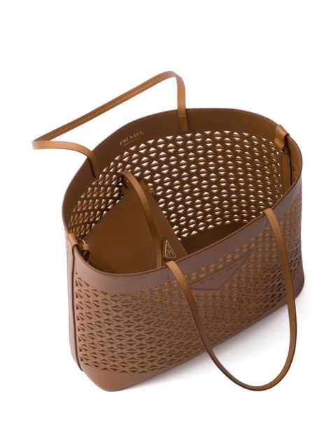 Prada logo-perforated leather tote bag - Brown