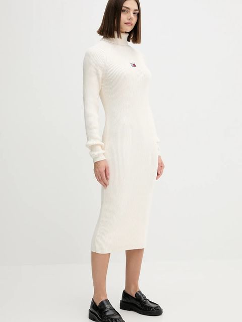 Tommy Jeans sukienka bawełniana kolor beżowy midi dopasowana DW0DW22167 - zdjęcie produktu nr 2