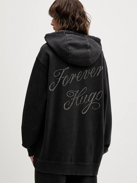 Hugo Blue bluza bawełniana damska kolor szary z kapturem z aplikacją 50547955 - zdjęcie produktu nr 2