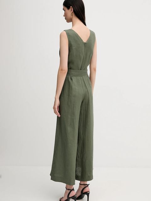 United Colors of Benetton kombinezon lniany kolor zielony z dekoltem w szpic 4AGHDT00E